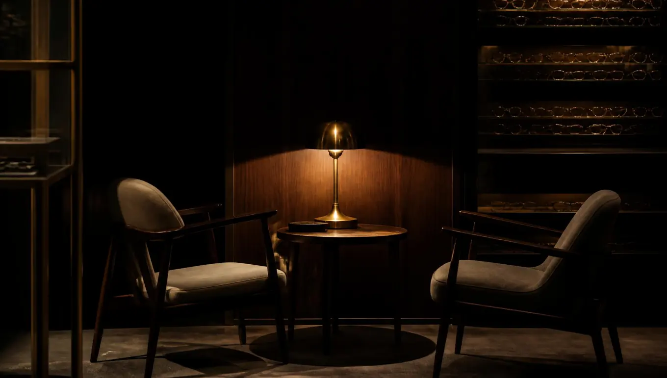 Le coin conseil, fauteuils et lampe en laiton
