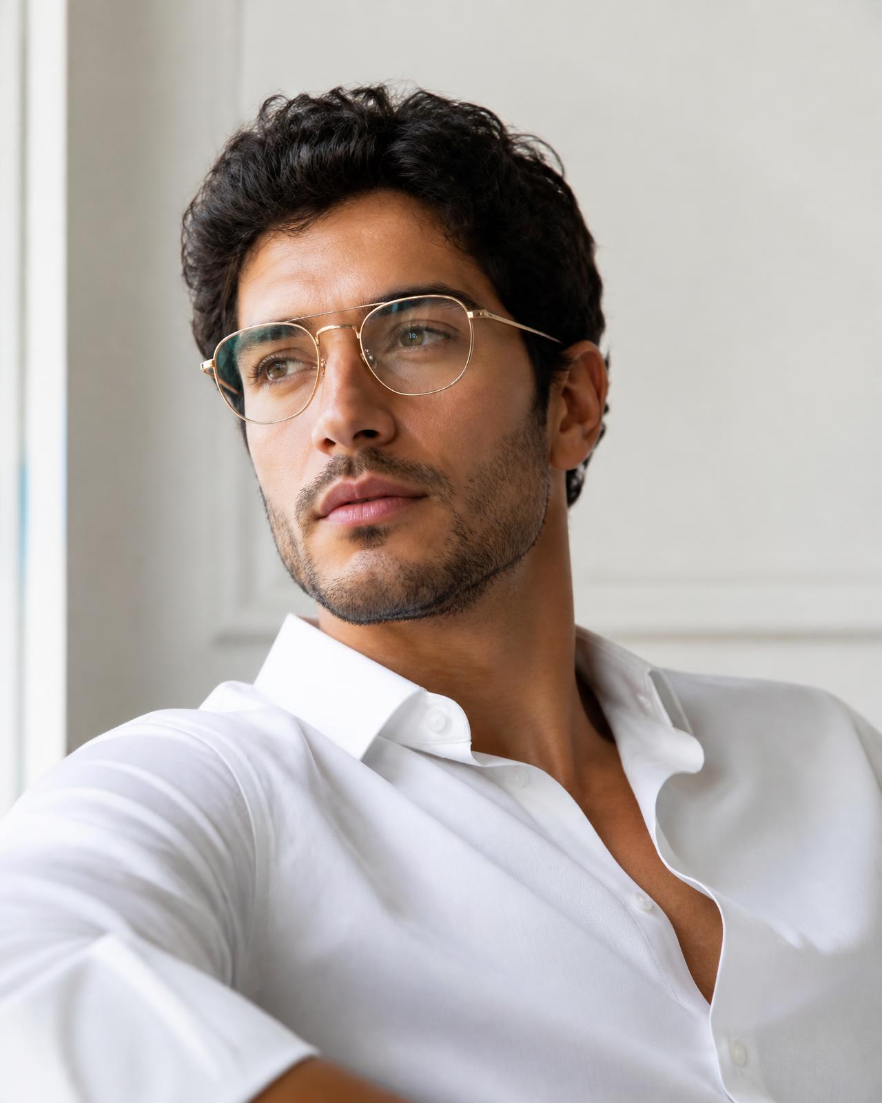 Portrait d'un homme portant des lunettes de vue en métal doré