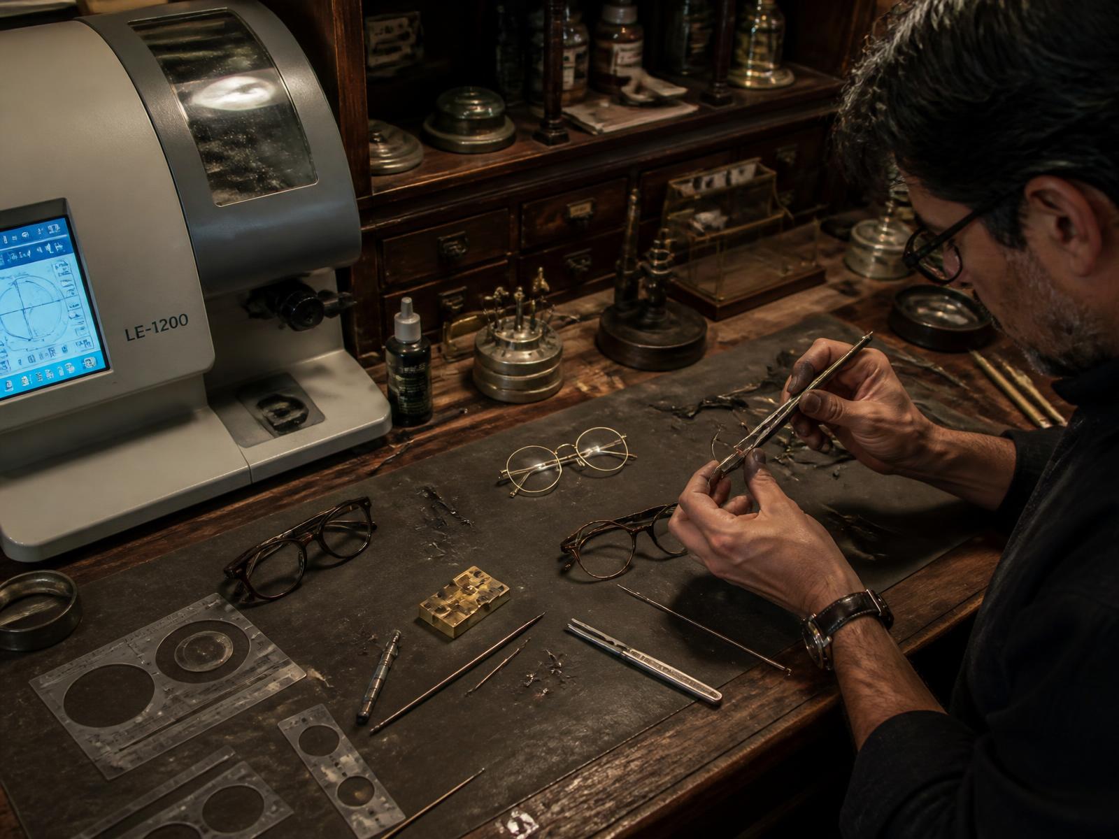 Opticien ajustant une monture métal à la pince dans l'atelier de la boutique