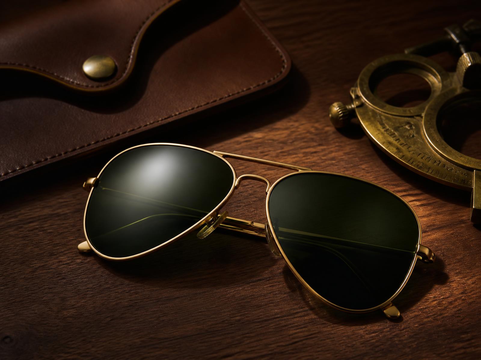 Solaires pilote en métal doré à verres verts, étui en cuir et jauge d'opticien en laiton