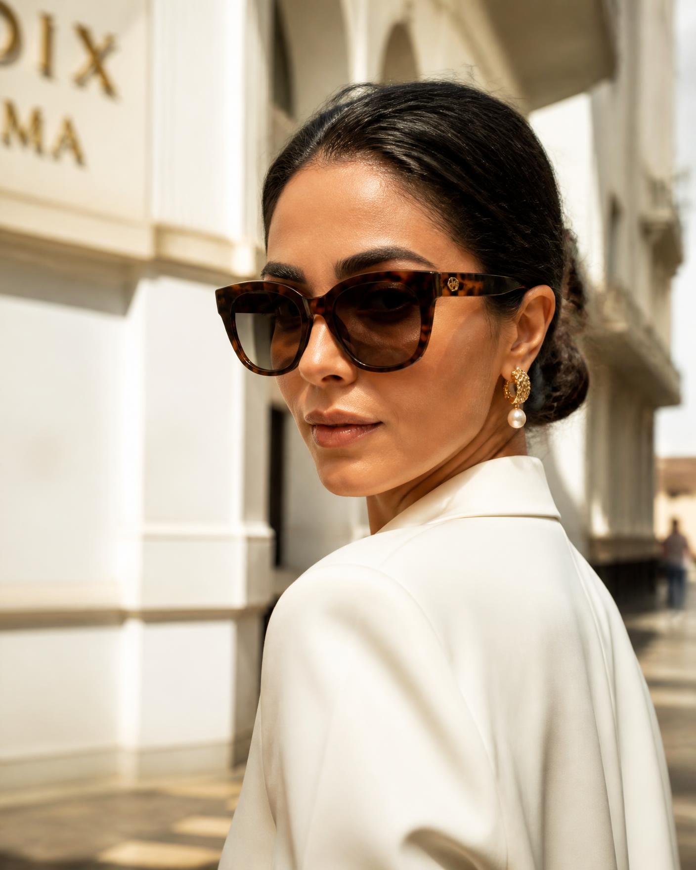 Femme portant des solaires papillon en acétate écaille sous les arcades blanches de Casablanca